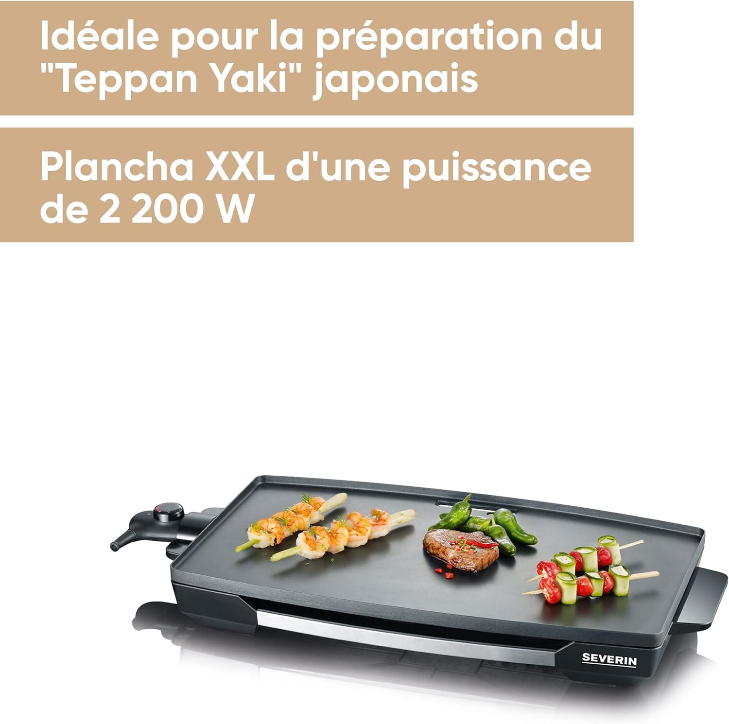 Plancha 2 200 W, Plaque de cuisson XXL pour viandes, poissons & légumes au revêtement anti-adhésif, Gril électrique avec bac récupérateur de graisse amovible, Noir, KG 2397 Plaque de cuisson lisse