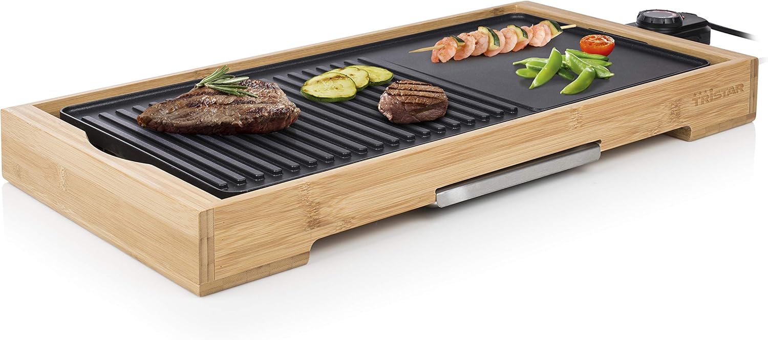 BP-2641 Plancha de table Tristar Bamboo Grill XL noire, 6 personnes, Plaque de cuisson en fonte d'aluminium, Bambou, Noir, 51 x 25,4 cm Grill/Teppanyaki