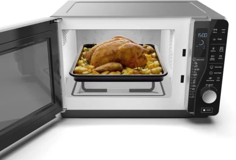 Whirlpool MWF 427 SL Four à micro-ondes Extra Space + Grill, 25 litres, argent, avec steamer, grille haute et plate Crisp + poignée, 800 + 1000 W Unique