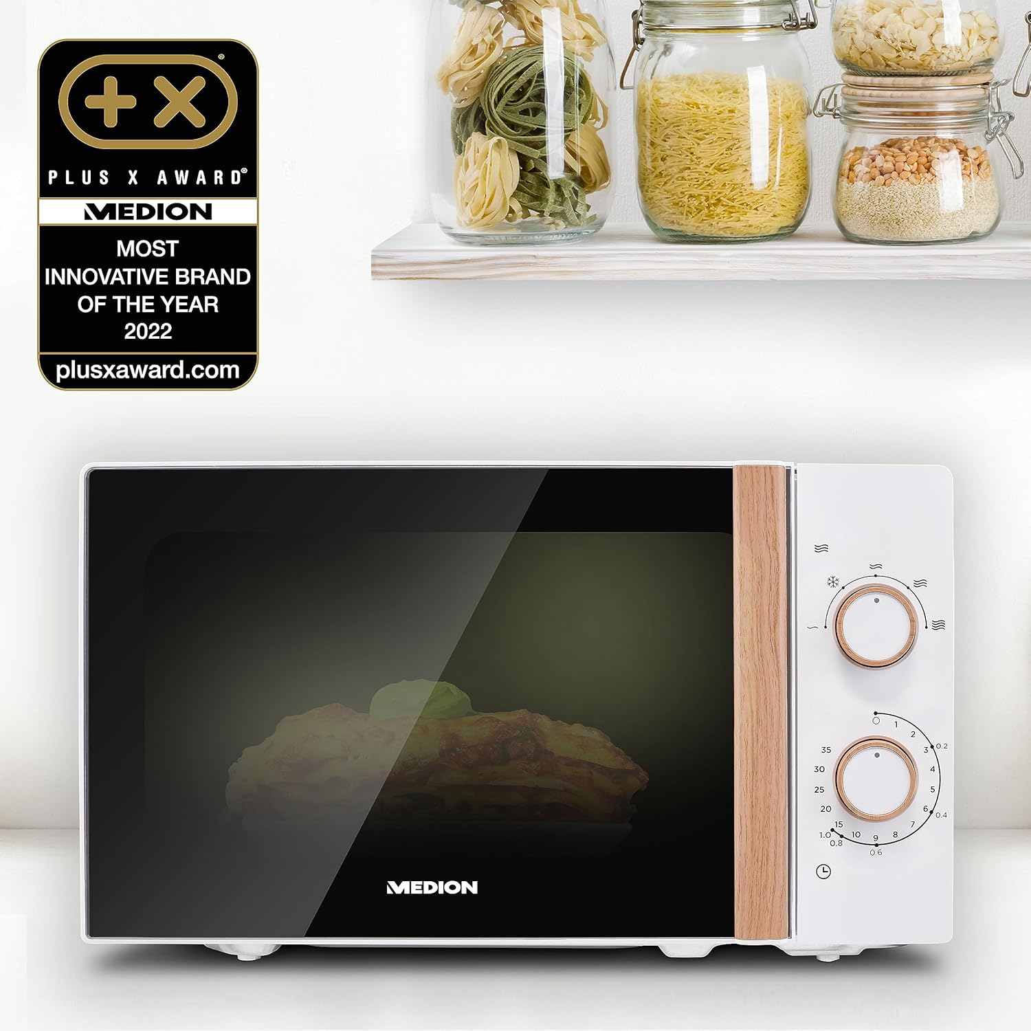 Micro-ondes (aspect bois, 20 litres, 700 watts, porte miroir, 5 niveaux de puissance, fonction décongélation, minuterie, MD10596) blanc