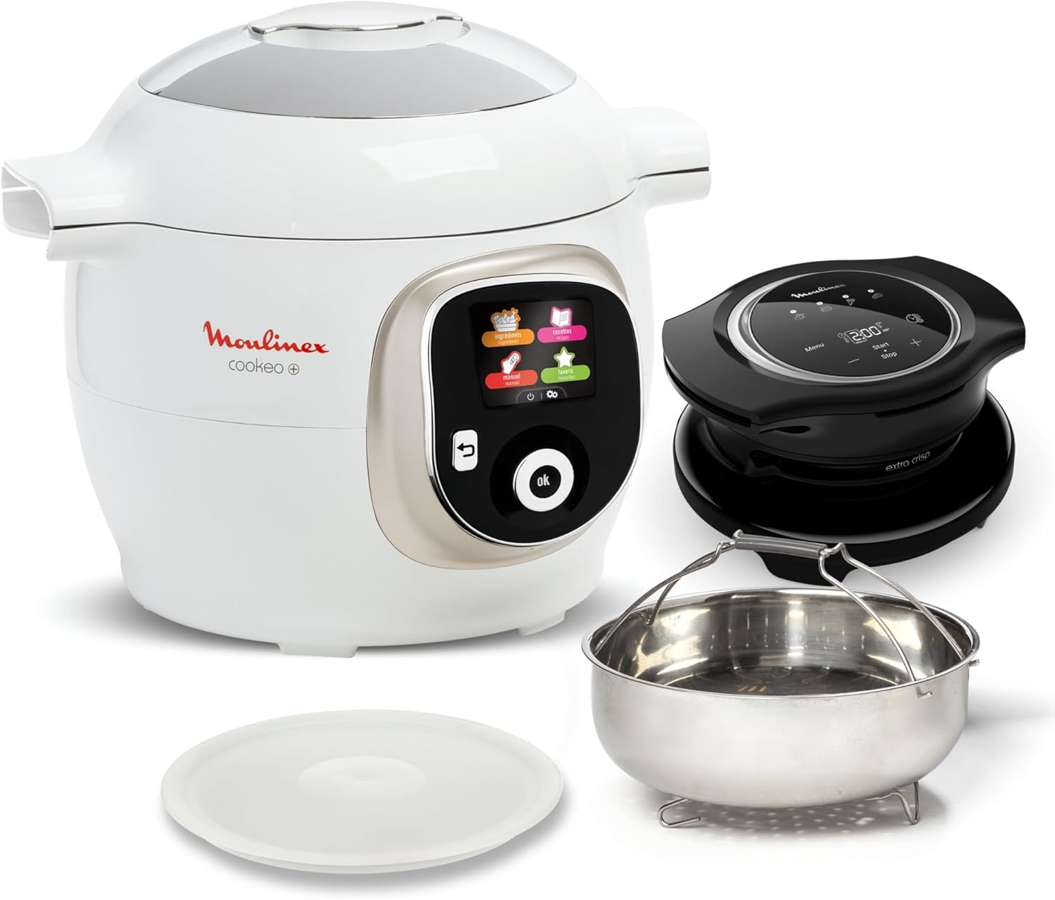 Cookeo+ avec Extra Crisp, Multicuiseur, Air fryer, 10modes de cuisson, Cuisson sous pression, Recettes faciles pas à pas, CE85XCF0, Blanc 150 recettes et air fryer (inpack) 6 L