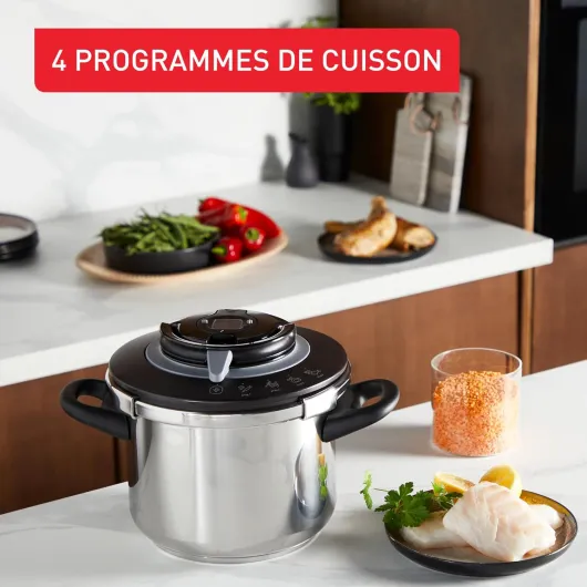 Cocotte-minute, 5-8 personnes, Induction, 4programmes de cuisson, Cuisson rapide, Ouverture et fermeture du couvercle d'une seule main, Clipso+ CHEF 8L, P4551400, Noir 8 L