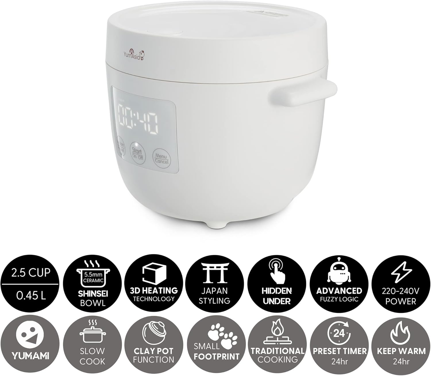 Tsuki Mini cuiseur à riz avec bol en céramique Shinsei (2,5 tasses, 0,45 litre) 5 fonctions de cuisson du riz, 2 fonctions multicuiseur, affichage LED caché, 220-240V (Pebble White)