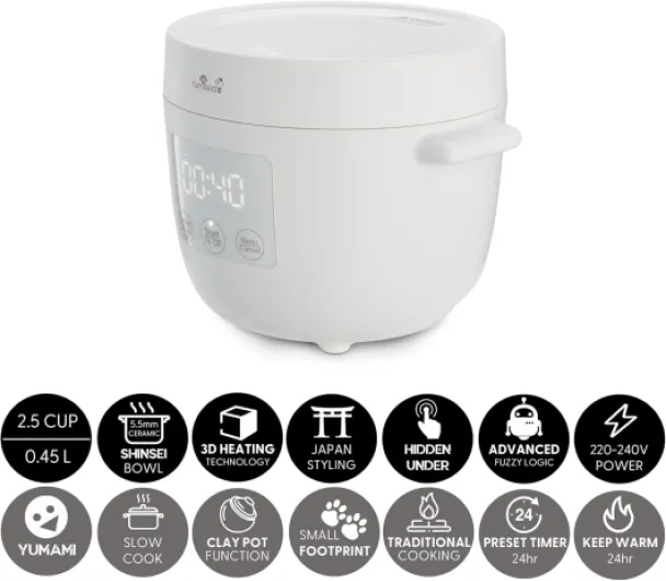 Tsuki Mini cuiseur à riz avec bol en céramique Shinsei (2,5 tasses, 0,45 litre) 5 fonctions de cuisson du riz, 2 fonctions multicuiseur, affichage LED caché, 220-240V (Pebble White)