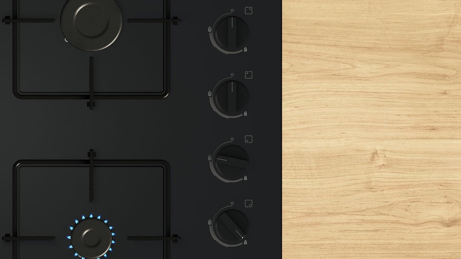 POP6B6K30, Série 2, Plaque gaz, 4 feux, 60 cm, Verre trempé noir Noir Série 2 4 feux