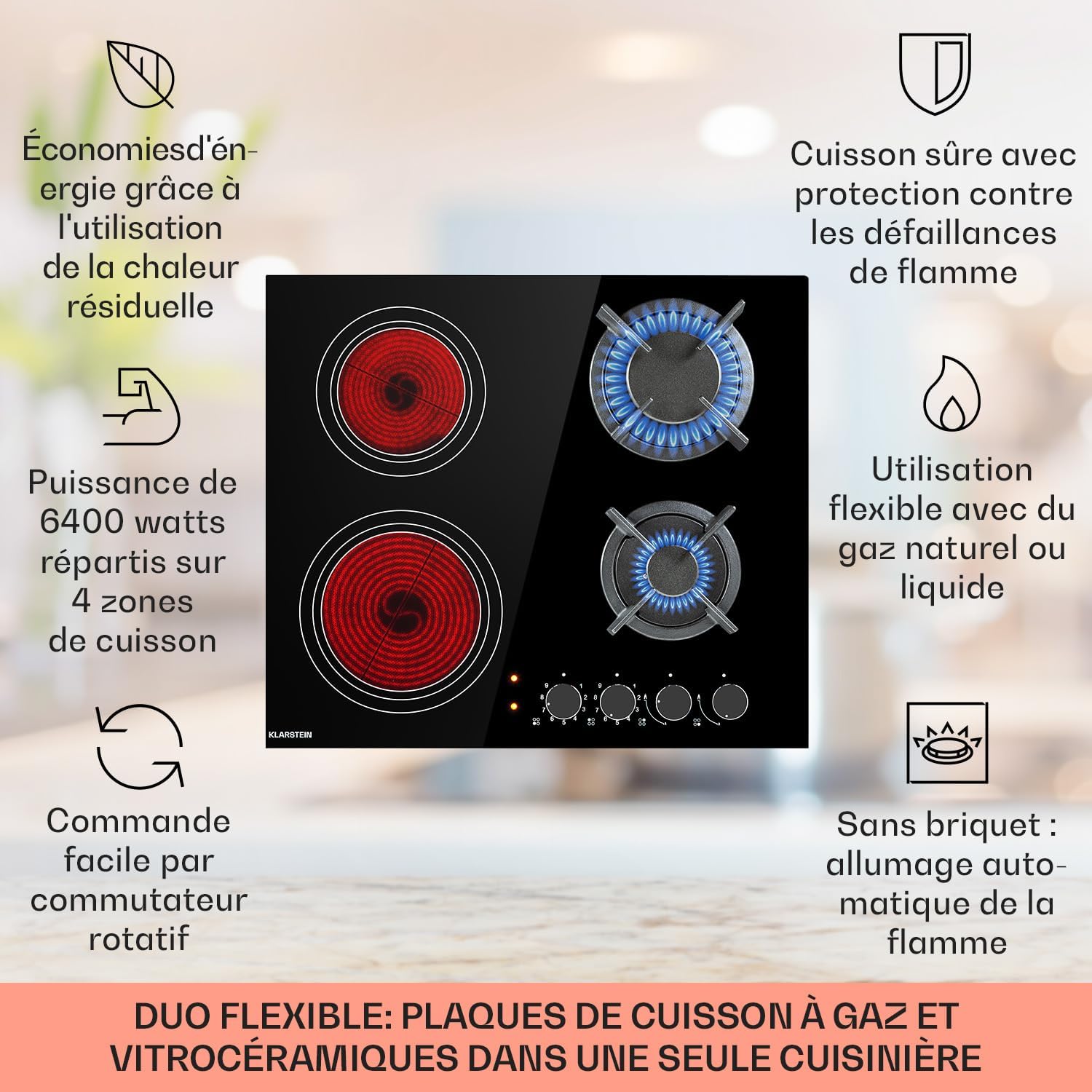 Plaque de Cuisson Mixte 4 Feux, Vitrocéramique et Gaz, Acier Inoxydable, 6.4kW 4 brûleurs