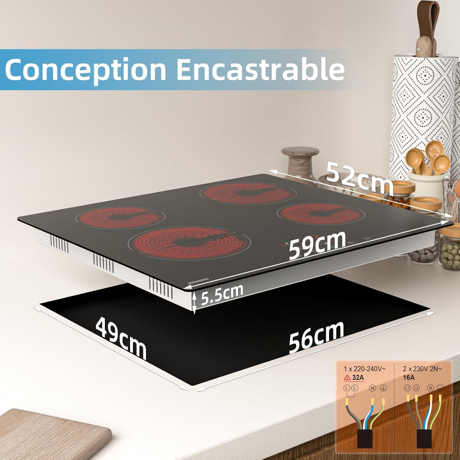 Plaque Vitrocéramique 4 Feuxs Encastrable, WEHIMO Plaque de Cuisson Vitrocéramique 6000W - 59cm - Minuteur, 9 Niveaux de Puissance, Commande Tactile, Verrouillage Enfant … Plaque 4 Feu