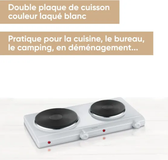 Plaque de cuisson électrique double 2 500 W, Plaque de cuisine pour logement étudiant ou camping, Plaque électrique avec réglage continu de la température, blanc, DK 1042 plaque électrique Blanc