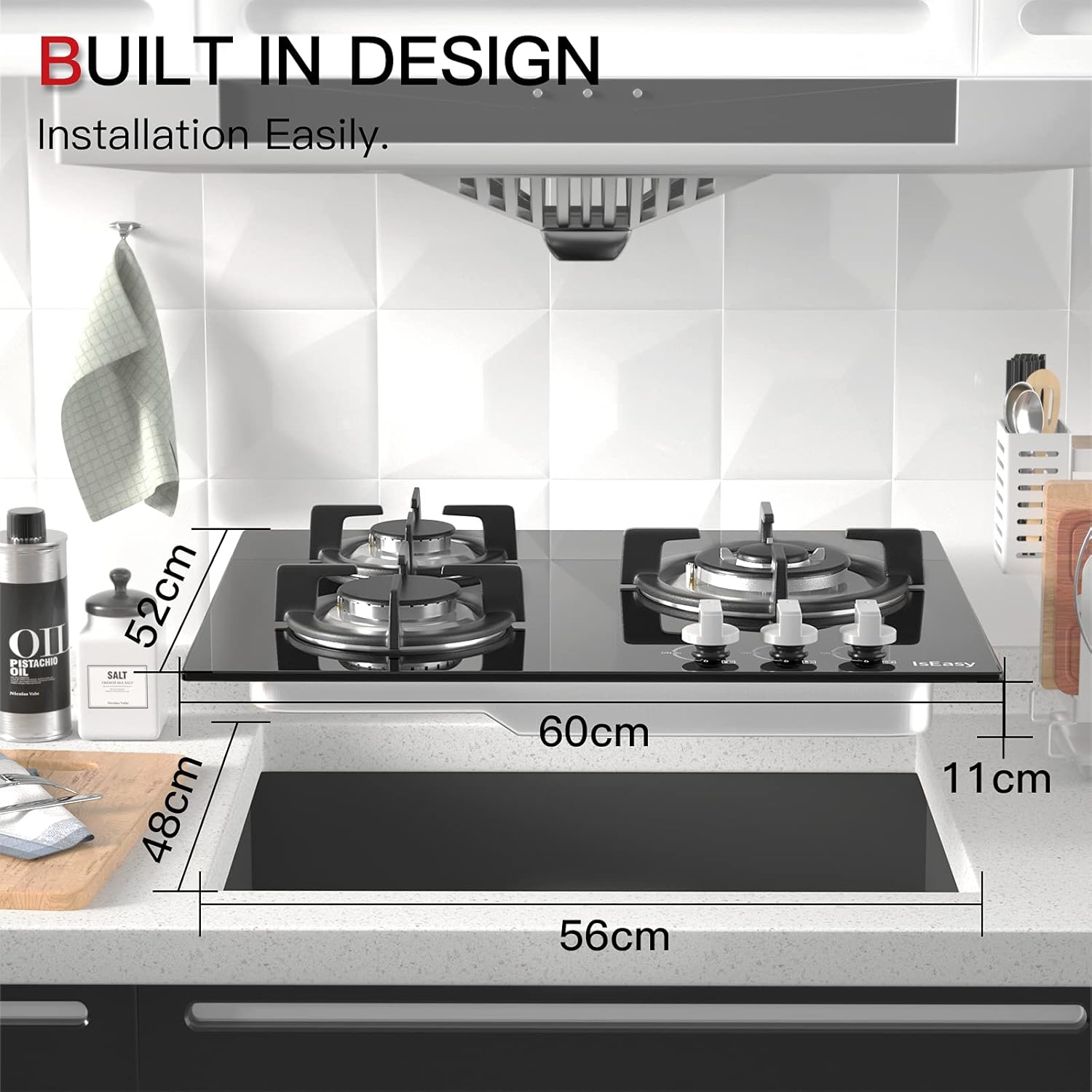Plaque Gaz 3 Feux, Plaque de Cuisson Gaz 3 Feux, Naturel/Propane/Butane (3 Brûleurs) Noir 3 Brûleurs - verre