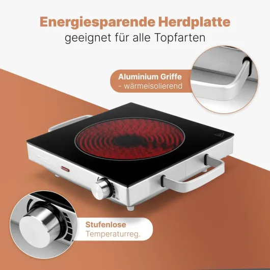 ProfiCook Plaque de cuisson individuelle PC-EKP 1210, Plaque de cuisson électrique en vitrocéramique, pour camping/cuisine/bureau/extérieur/simple, pour tous types de casseroles, 2000 watts 1 plaque chauffante.