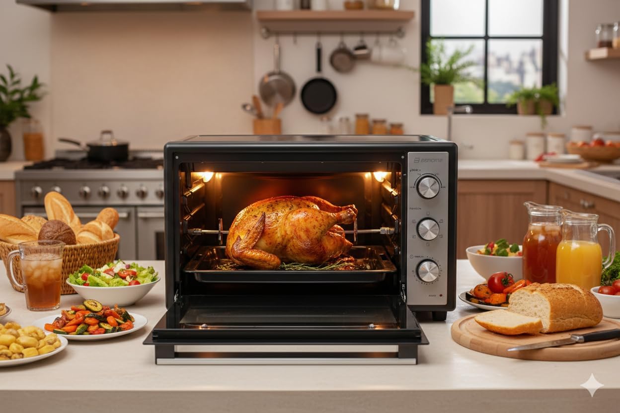 BEHOME Four Électrique 70 litres, Four d'extérieur ventilé, grand four avec rôtisserie, température 230°, 60', gril, plaque de cuisson, plaque de cuisson et rôtisserie inclus, avec dou 64 x 40.8 x 53.3 cm Gris