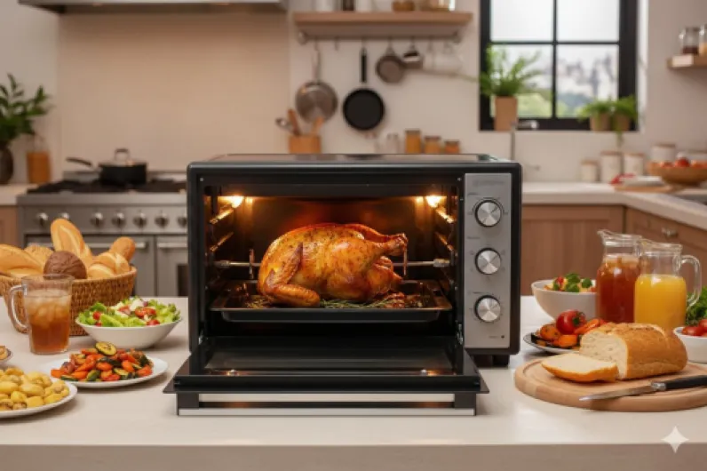 BEHOME Four Électrique 70 litres, Four d'extérieur ventilé, grand four avec rôtisserie, température 230°, 60', gril, plaque de cuisson, plaque de cuisson et rôtisserie inclus, avec dou 64 x 40.8 x 53.3 cm Gris