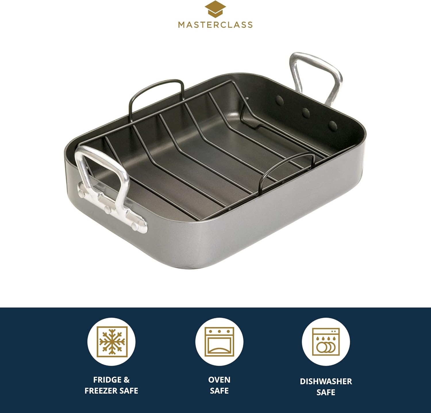 MasterClass Rôtissoire Avec Grille Et Revêtement Antiadhésif Teflon Xtra Dans Une Boîte Cadeau, Rôtissoire En Acier Au Carbone Avec Poignées, 40 X 28 X 8 cm (15.5 X 11 X 3''), Gris Unique