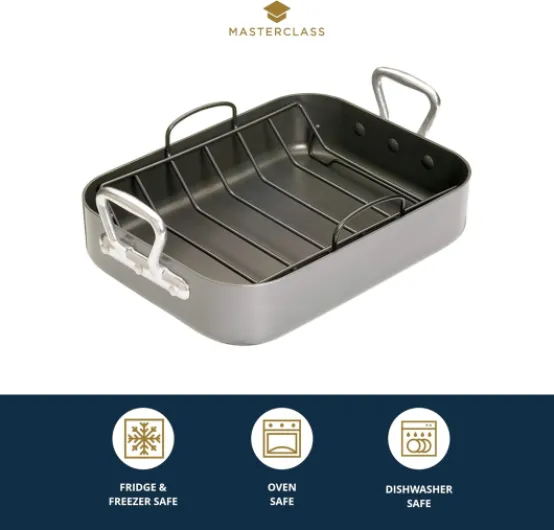 MasterClass Rôtissoire Avec Grille Et Revêtement Antiadhésif Teflon Xtra Dans Une Boîte Cadeau, Rôtissoire En Acier Au Carbone Avec Poignées, 40 X 28 X 8 cm (15.5 X 11 X 3''), Gris Unique