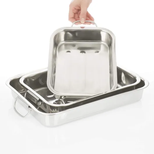 COM-FOUR® Ensemble de 3 plaques à rôtir et à pâtisserie - rôtissoire en acier inoxydable avec poignées - cocotte en acier inoxydable pour la cuisson et la pâtisserie - plat à four (argent - 3 parties)