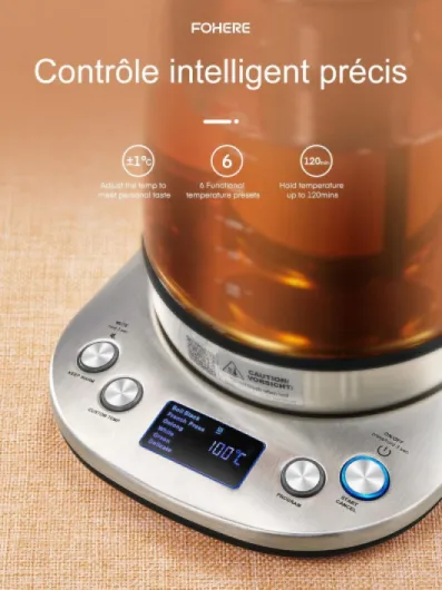 Bouilloire électrique en Verre, Théière Electrique Température Réglable 2200w, Fonction de Maintien au Chaud 120 Mins, Infuseur à thé Amovible, 1.7L