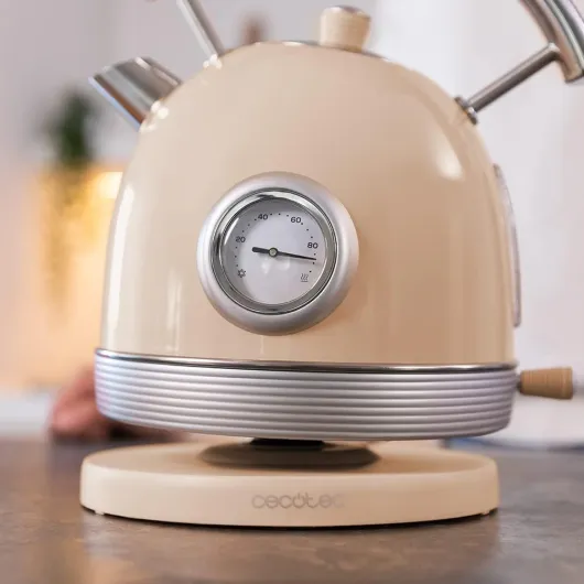 ThermoSense Bouilloire électrique 420 Light Beige, 1,8 l de capacité, 2200 W, jauge de température, base 360°, acier inoxydable, style vintage, beige