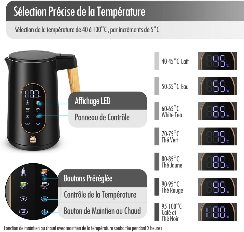 ForMe Bouilloire Electrique Inox 1,7L Contrôle de Température Réglable 40-100°C I LED Affichage de la Température I Fonction de Maintien au Chaud I Protection Anti-ébullition I Théière Sans BPA 5017