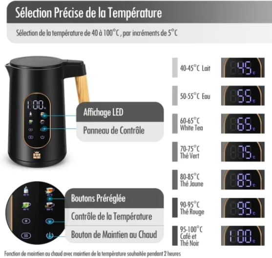 ForMe Bouilloire Electrique Inox 1,7L Contrôle de Température Réglable 40-100°C I LED Affichage de la Température I Fonction de Maintien au Chaud I Protection Anti-ébullition I Théière Sans BPA 5017