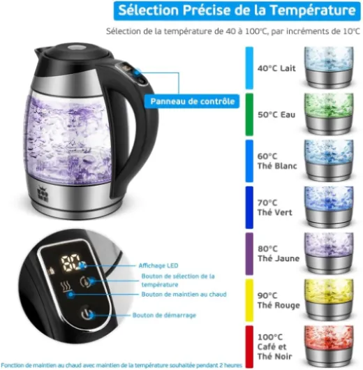 Bouilloire Électrique en Verre 1.8L, Contrôle de la Température, Température Réglable à Partir de 40°C à 100°C, Éclairage LED 7 Couleurs, Fonction de Maintien au Chaud, Sans BPA Sans Passoire À Thé 418