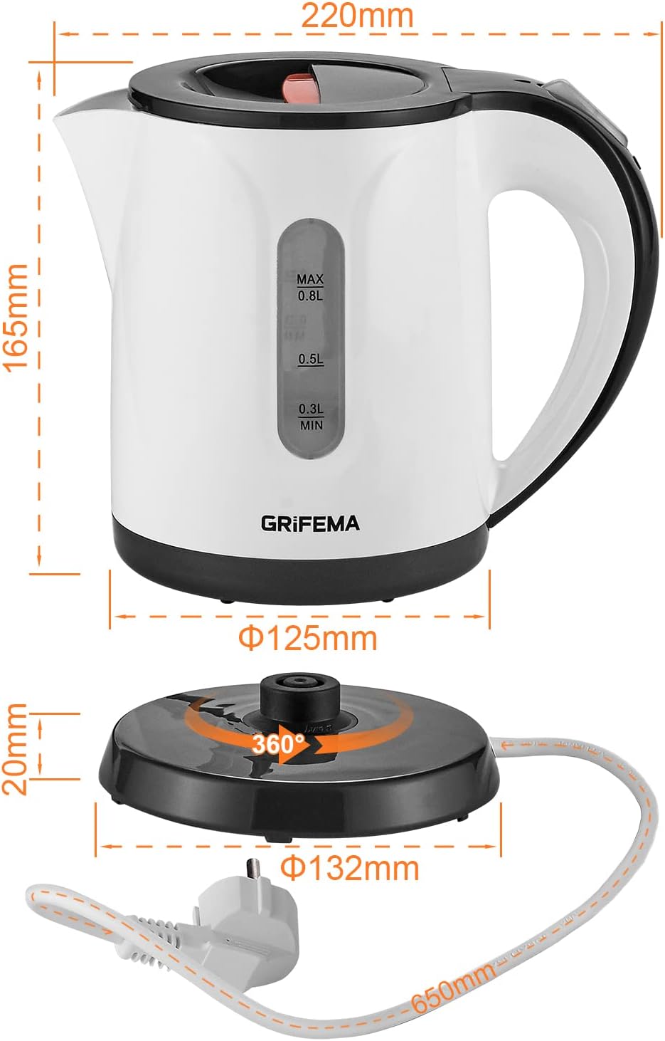 GC1001 Bouilloire Électrique 0,8L/1100W Puissance Ébullition Chauffage Rapide, Filtre Anti-Calcaire Amovible et Lavable, Niveau d'Eau Visible et Arrêt Automatique, Socle sans Fil pour Ranger 0.8L