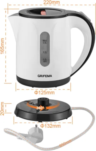 GC1001 Bouilloire Électrique 0,8L/1100W Puissance Ébullition Chauffage Rapide, Filtre Anti-Calcaire Amovible et Lavable, Niveau d'Eau Visible et Arrêt Automatique, Socle sans Fil pour Ranger 0.8L