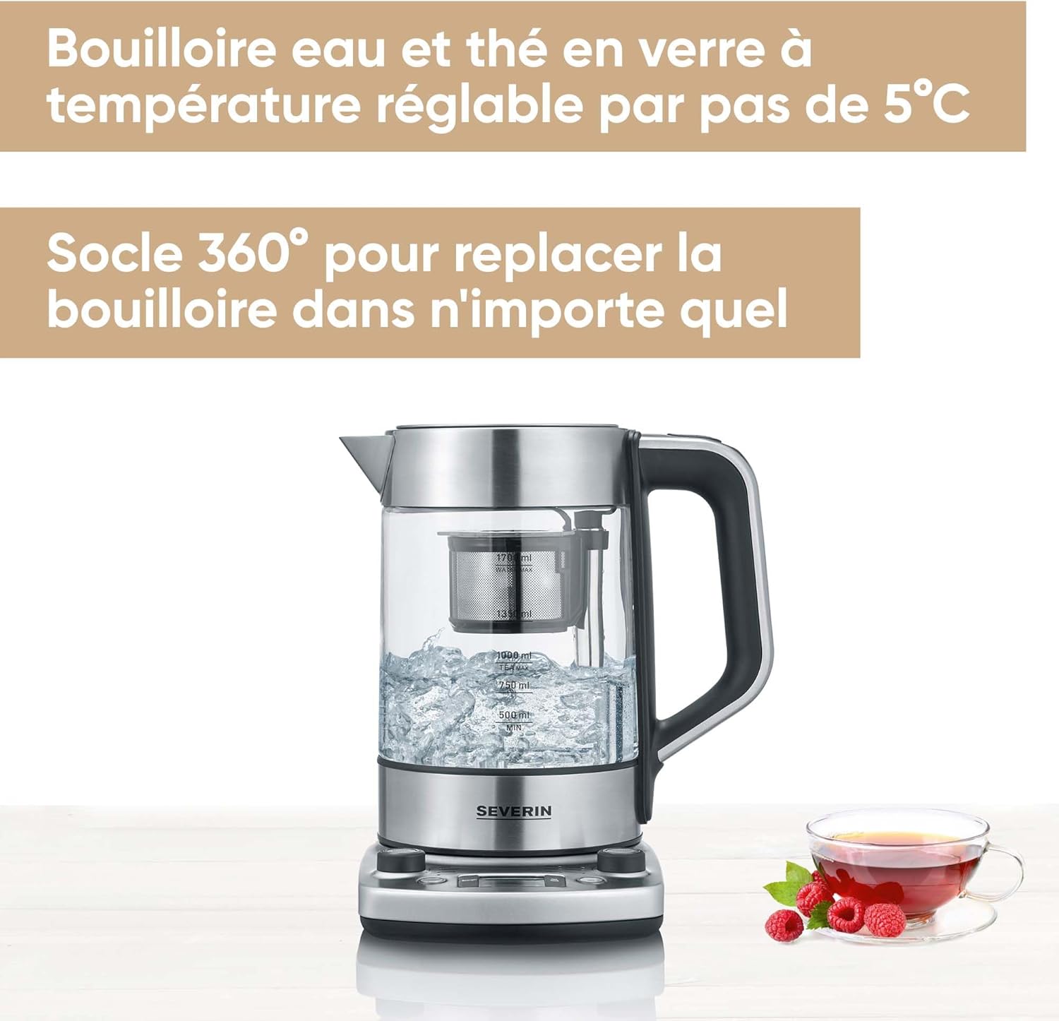Bouilloire Eau & Thé en Verre Programmable, 1,7L, 3 000W, Levée Automatique du Filtre, Minuterie, Affichage LED, WK 3422 1.7 Litres Levée automatique du filtre