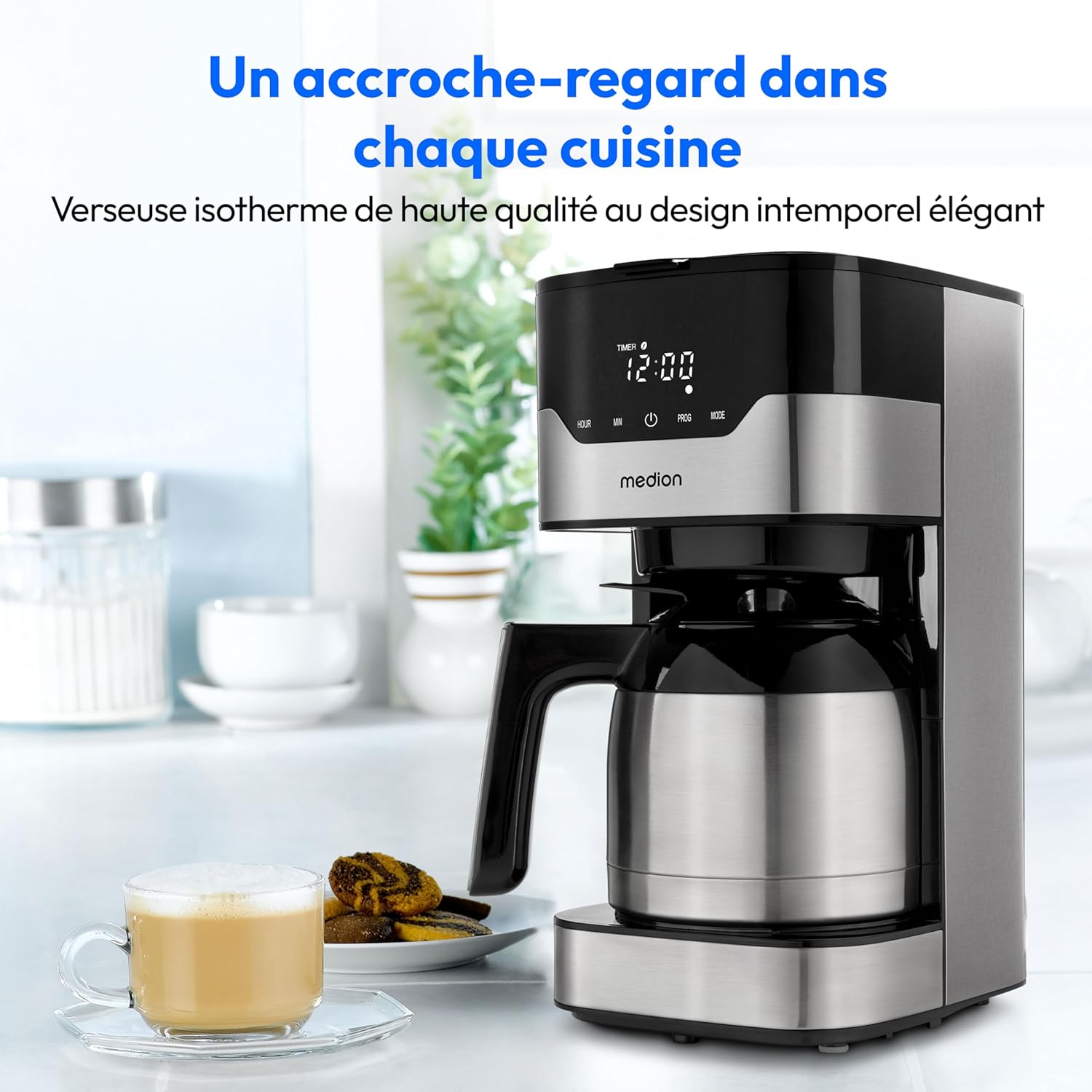 Cafetière isotherme MD 18458, machine à café avec minuterie, stop-goutte et sélecteur d'arôme, avec thermos d'une capacité d'1,1 litre, acier inoxydable Argenté