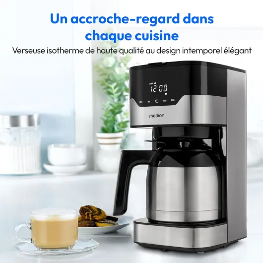 Cafetière isotherme MD 18458, machine à café avec minuterie, stop-goutte et sélecteur d'arôme, avec thermos d'une capacité d'1,1 litre, acier inoxydable Argenté