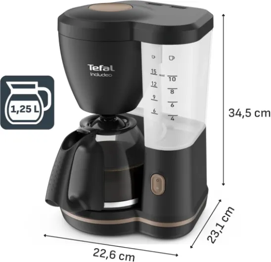 Cafetière filtre, 10 à 15 tasses, 1,25 L, Porte-filtre amovible, Arrêt automatique, Ouverture automatique du couvercle, Ergonomique, Includeo, Noire, CM533811 Cafetière Design Inclusif 1,25 L
