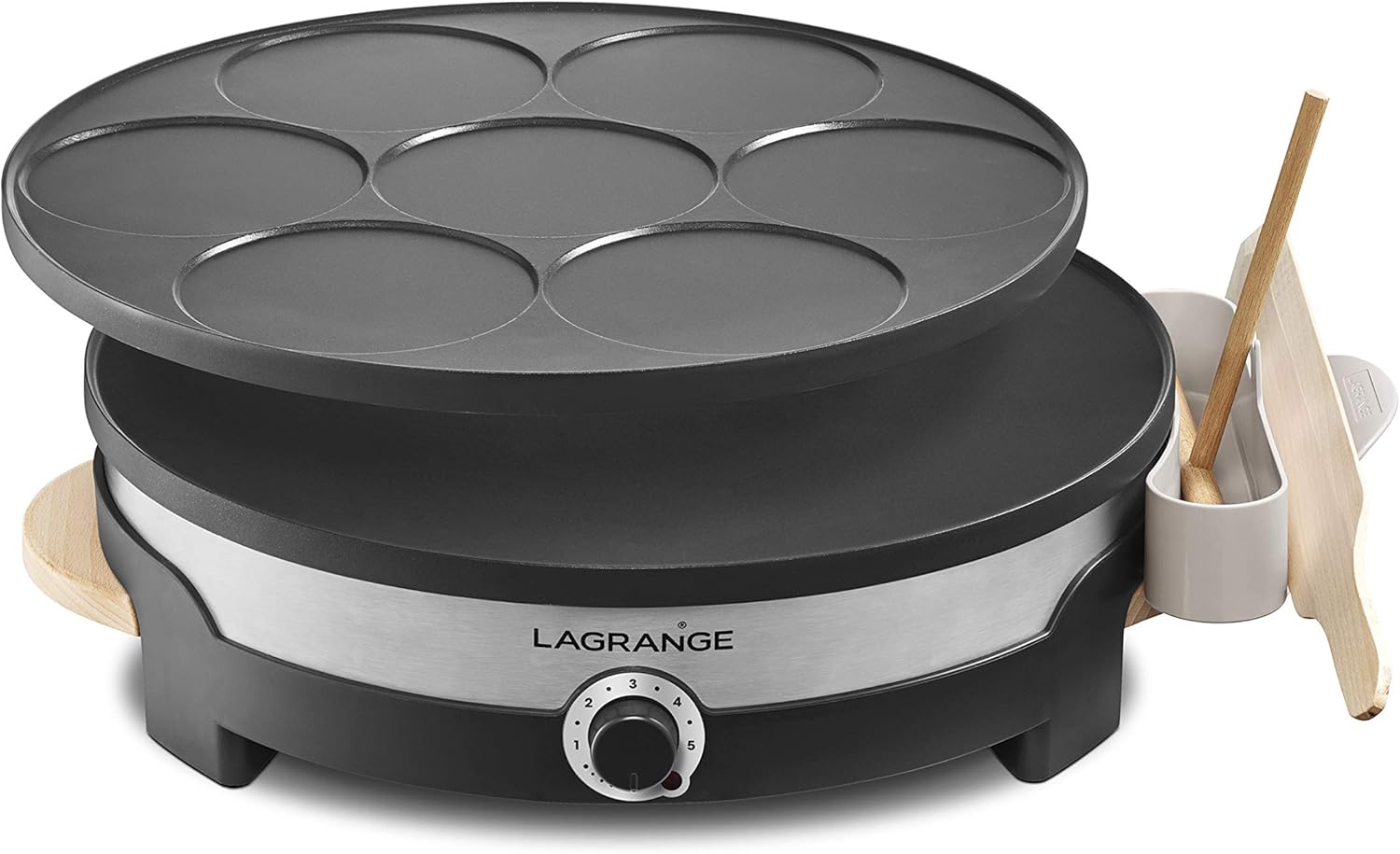 Crêpière électrique, fabrication française, thermostat réglable, 2 plaques interchangeables en fonte d'aluminium, poignées en bois, 1500 W, Tradui DUO, 109017 Bois Clair Unique