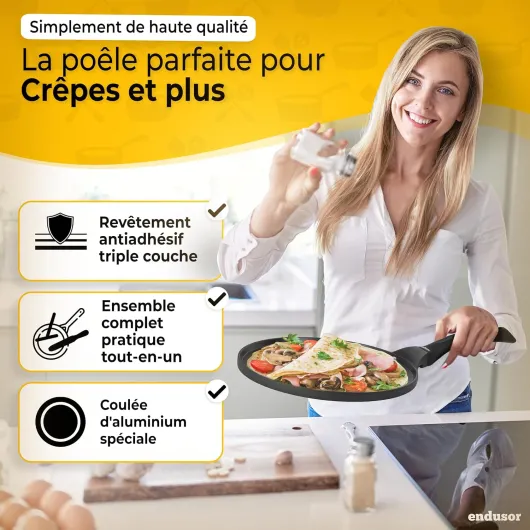 Crepiere induction [26 cm] avec triple revêtement antiadhésif incl - spatule et répartiteur en bois - Poele a crepe pour TOUS types de plaques de cuisson - Crêpière Galetiere Crêpes