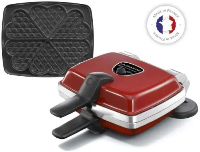 Gaufrier Super2, 1000W, 1 jeu de plaques inclus (Gaufre Coeur), Fabriqué en France, Réversible sur son socle, Plaques amovibles, Multifonction, Nettoyage sans effort, 039512 Rouge Unique