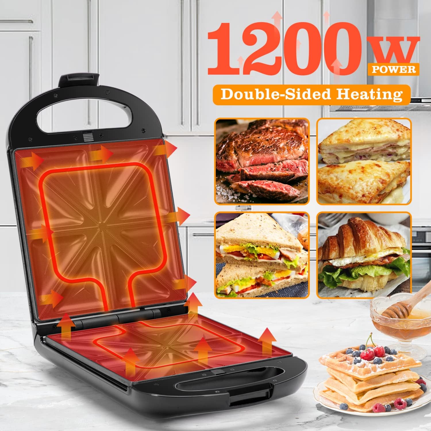 Bruno - 3 en 1 : appareil à sandwich, gaufrier, gril - 1200W, 0% BPA - Peut contenir 4 sandwichs, plaques antiadhésives, retournement à 180° pour une cuisson rapide et uniforme Noir