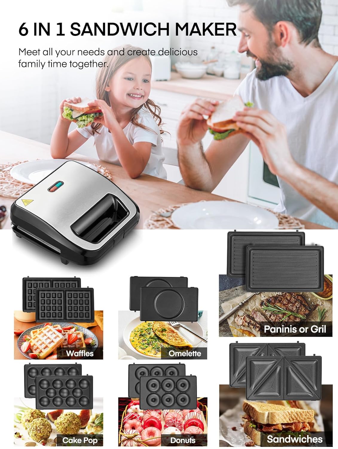 Gaufrier 6 en 1, Appareil Croque Monsieur, 750W Multifonctions Machine Électrique, 6 Plaques Antiadhésives et Détachables, Cuisson Double Face,Thermostat Automatique