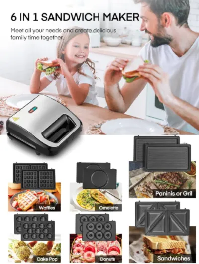 Gaufrier 6 en 1, Appareil Croque Monsieur, 750W Multifonctions Machine Électrique, 6 Plaques Antiadhésives et Détachables, Cuisson Double Face,Thermostat Automatique