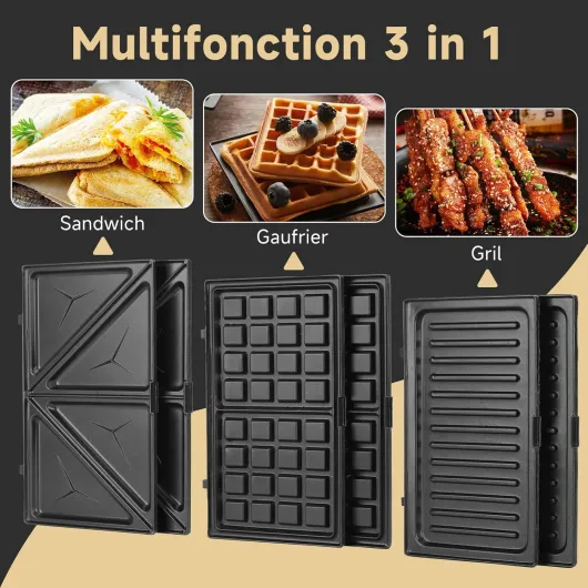 Gaufrier 3 en 1 : Presse à Paninis et appareil à sandwichs avec 3 Plaques Antiadhésives et Interchangeables, Thermostat Automatique, Grande puissance de 750W Appareil 3 en 1