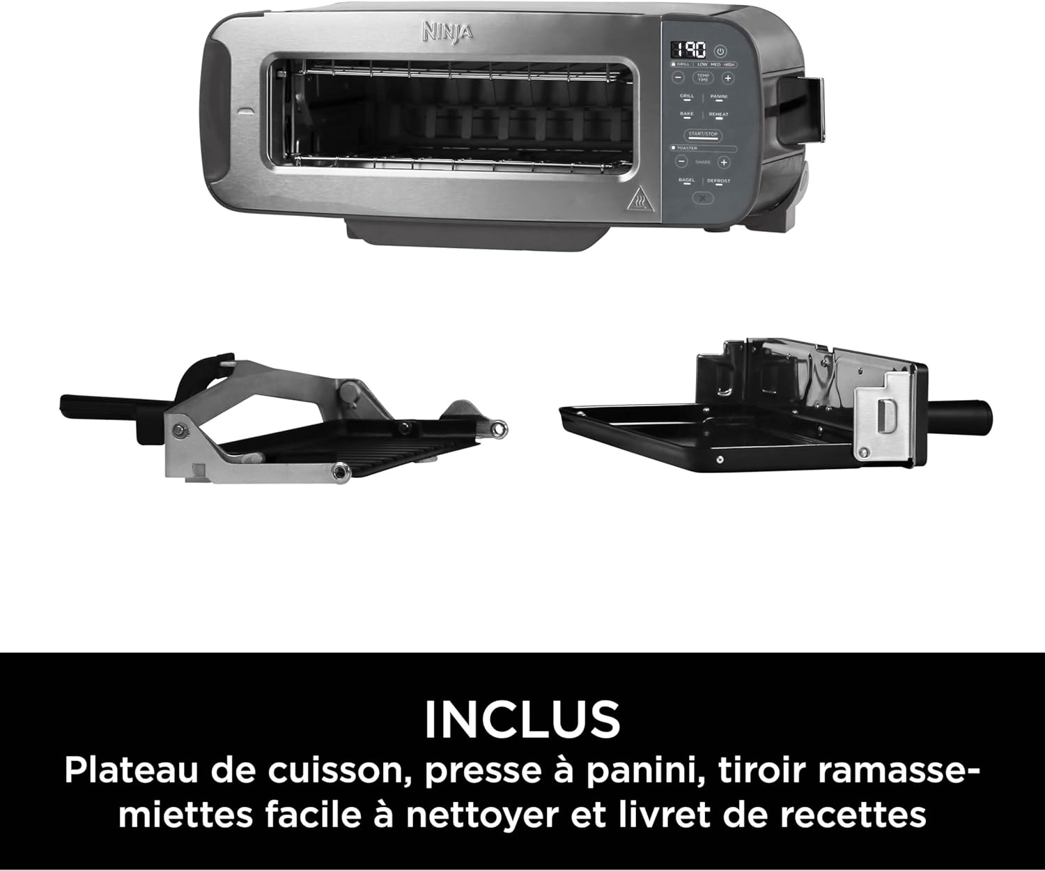Foodi 3-en-1, Grille-Pain, Grill et Presse-panini, 7 Fonctions de Cuisson, inclut un Presse-panini, un Plateau de Cuisson et un Bac à Miettes, en Acier Inoxydable, ST202EU
