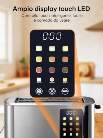 Grille Pain 4 Tranches, Longue Fente Toaster avec écran Tactile, 9 Niveaux de Dorage, 3 Types de Pain, Inox Grille Pain, Tiroir Ramasse Miettes Amovible, D'annulation/Décongélation/Réchauffage, Argent