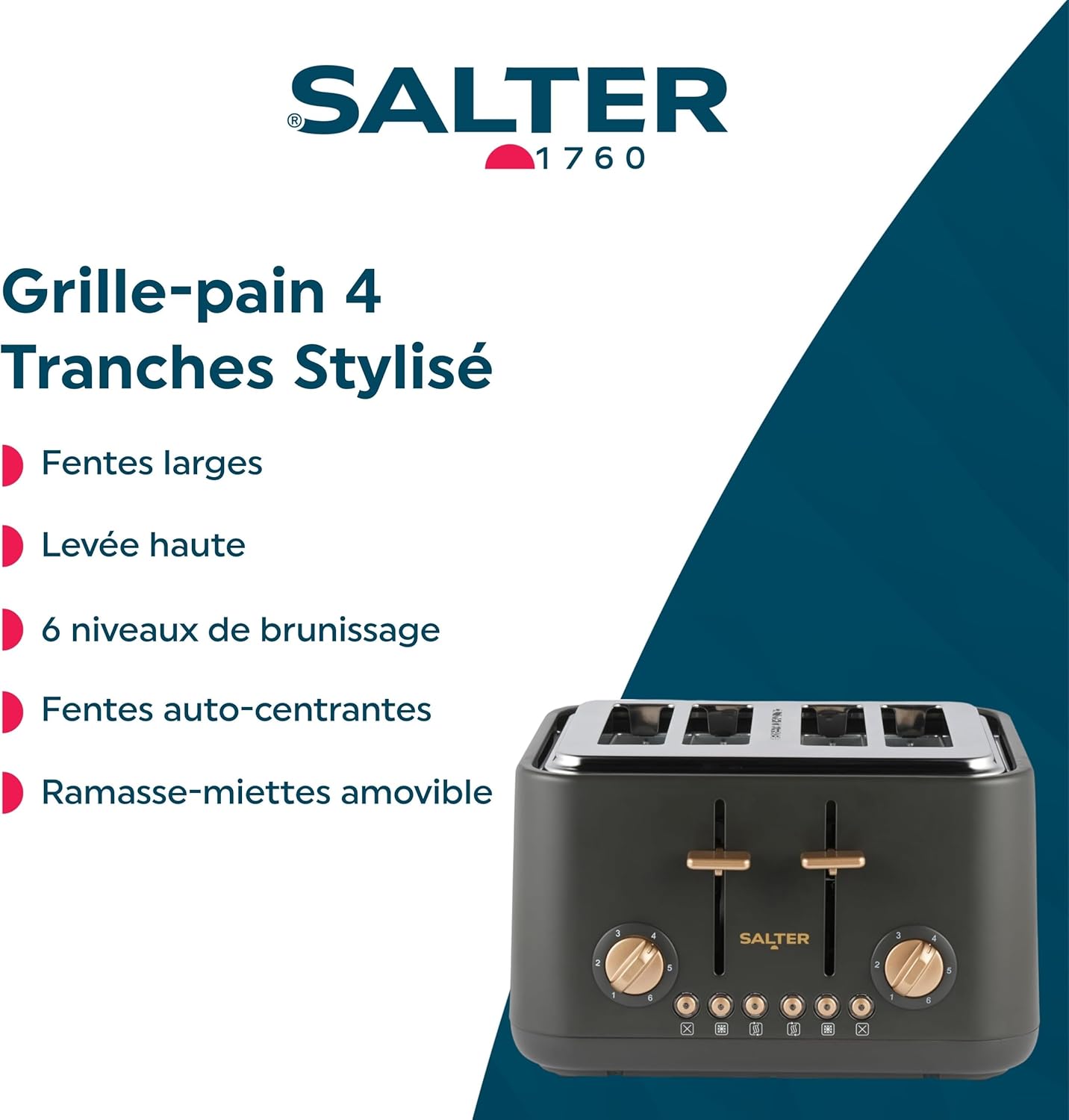 Grille-pain Pebble 4 tranches – Fentes large, levée haute, 6 niveaux de brunissage, fentes auto-centrantes, ramasse-miettes amovible, décongeler/réchauffer/annuler, gris charbon/or Charbon Prise EU