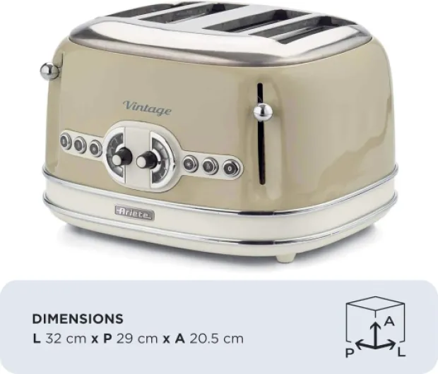 Vintage 4 Slices Toaster 156, Grille-Pain avec 6 Niveaux de Grillage, Éjection Automatique, Fonction Décongélation, Tiroir Ramasse-Miettes Amovible, Corps en Acier Inoxydable, 1600W, Beige