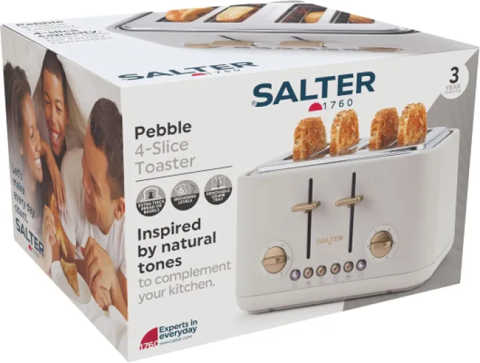 Grille-pain 4 tranches Salter Pebble – Fentes larges avec éjection haute, 6 niveaux de brunissage, centrage automatique, ramasse-miettes amovible, fonctions décongélation/réchauffage/annulation, Stone Cream Prise EU