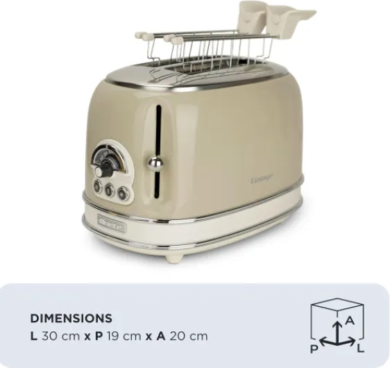 Grille-Pain 2 Tranches Vintage 155, Grille-Pain 6 Niveaux de Grillage, Éjection Automatique, Fonction Décongélation, Tiroir Ramasse-Miettes Amovible, Acier Inoxydable, avec Pince, 810W, Beige