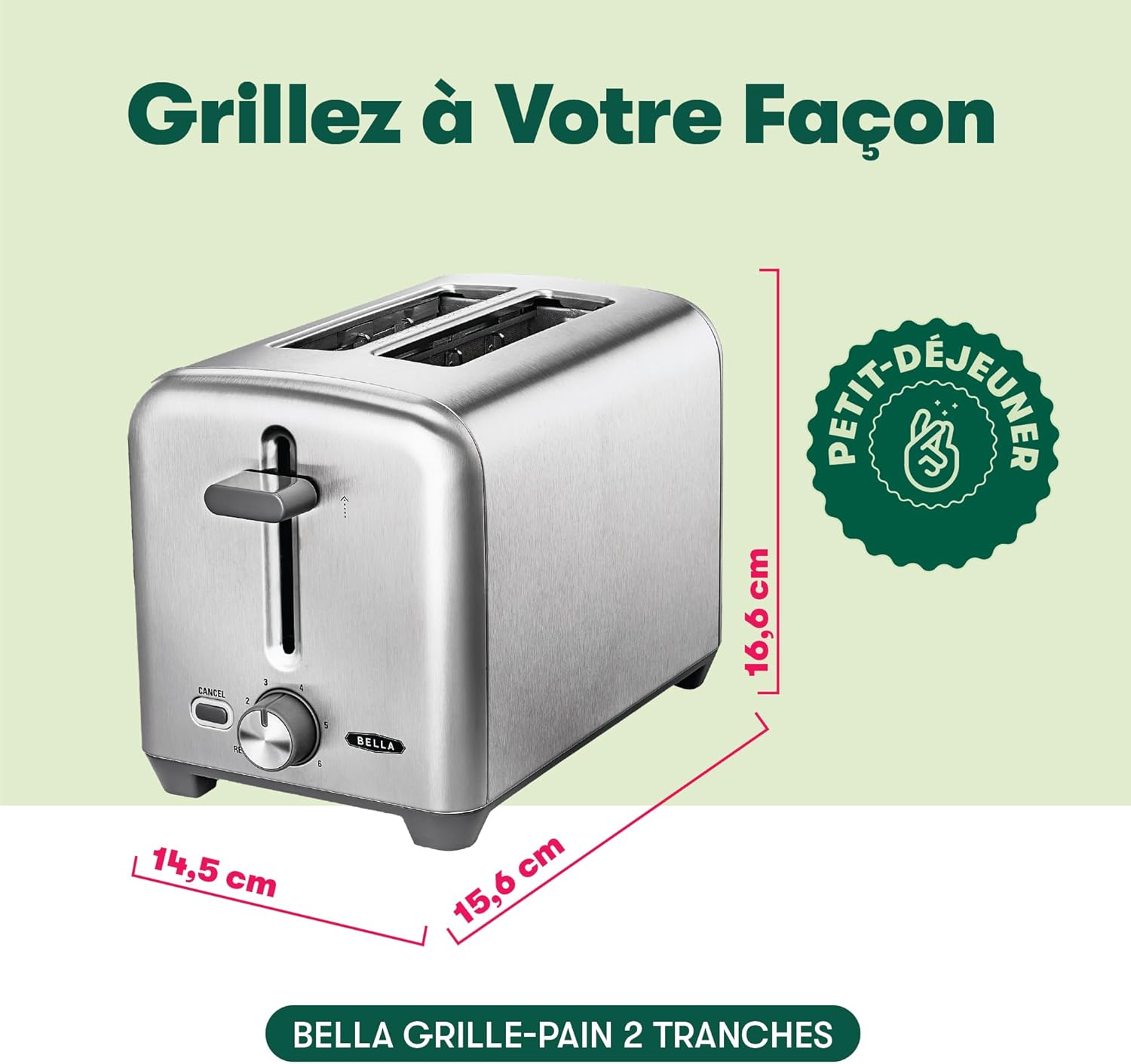 Grille-pain 2 tranches avec fentes extra-larges et tiroir ramasse-miettes amovible, 6 réglages de dorage, fonctions d’arrêt automatique et de réchauffage, pour griller pain, bagels et gaufres