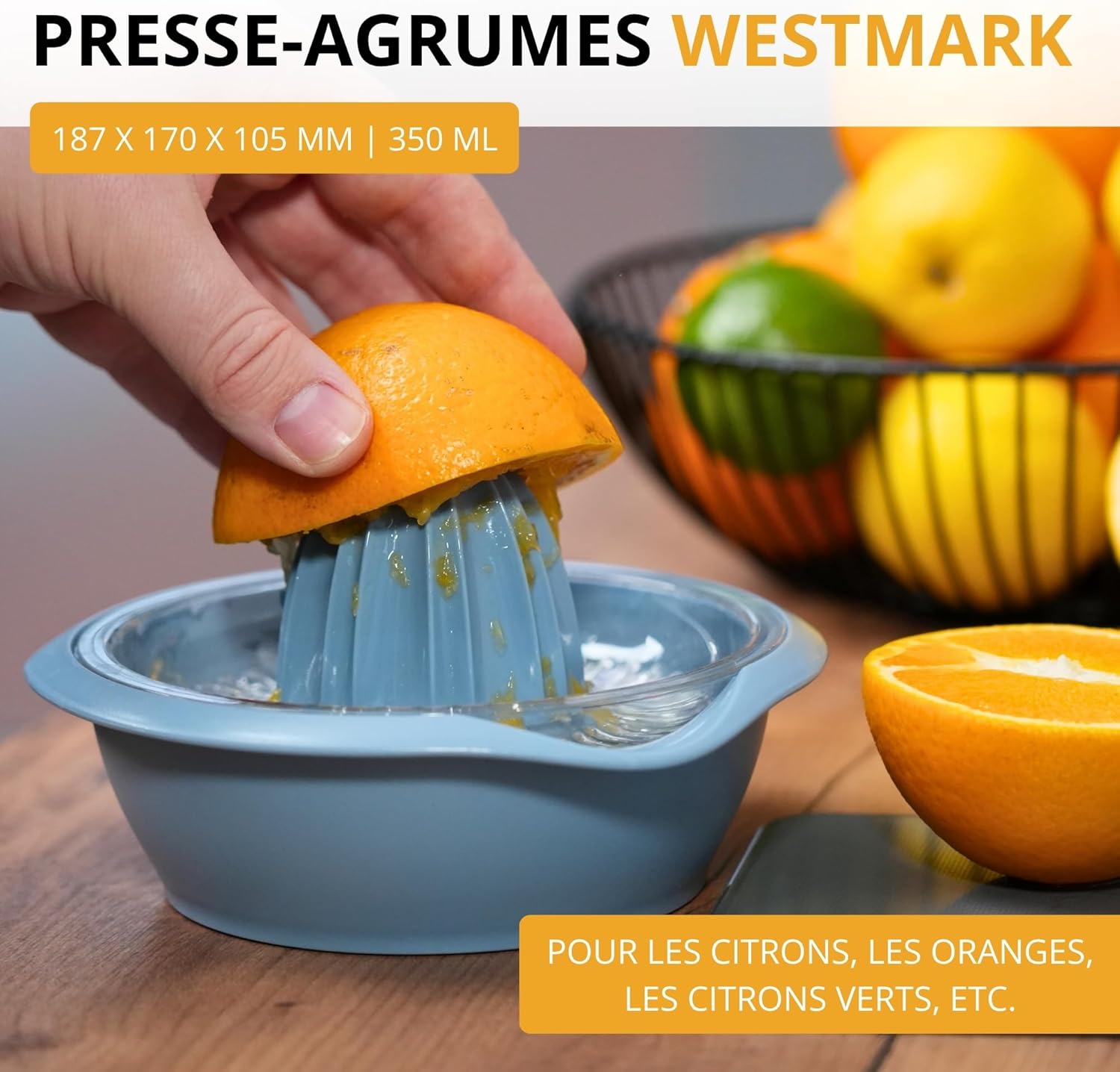 Presse-Orange/Citron/lemon avec Récipient, Diamètre : 18,7 cm, Capacité : 0,5 L, Plastique, Limetta, Bleu, B0CLGWVPZV