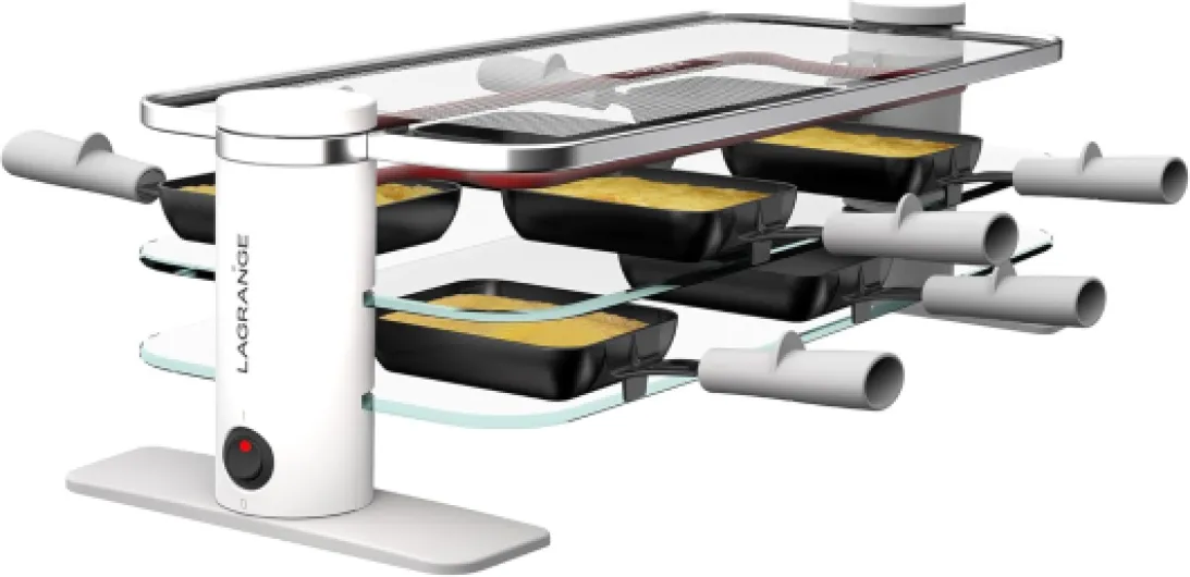 Appareil à raclette 10 personnes, 1200 W, Plateaux verre, plateau supérieur démontable pour nettoyage simplifié, Repose poêlons intégré, Design épuré, Bouton marche/arrêt, 079901
