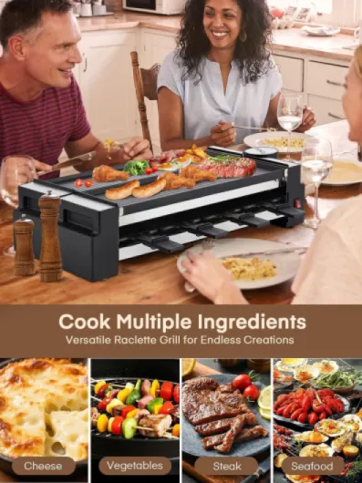 Appareil a Raclette FOHERE, Rotative Appareil Raclette 8 Personnes avec Plaque de Cuisson Antiadhésive et 8 Plaques à Fromage, 1400 W, Acier Inoxydable Mat, Idéal pour la Maison et Les Fêtes