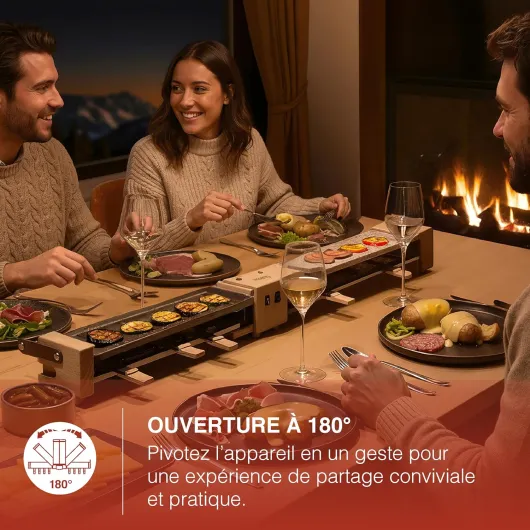 H.Koenig Appareil à Raclette 8 Personnes WOD360, fromage, Fondue, Pierre Granit et Bois Naturel, Socle Pivotant à 180°, Plaques Amovibles, Accessoires 8 Poêlons et 8 Spatules, 1400 W 8 personnes Pierre granit + Grill