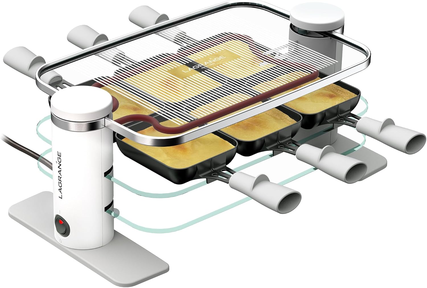 Appareil à raclette 6 personnes, 750 W, Plateaux verre, plateau supérieur démontable pour nettoyage simplifié, Repose poêlons intégré, Design épuré, Bouton marche/arrêt, 079601