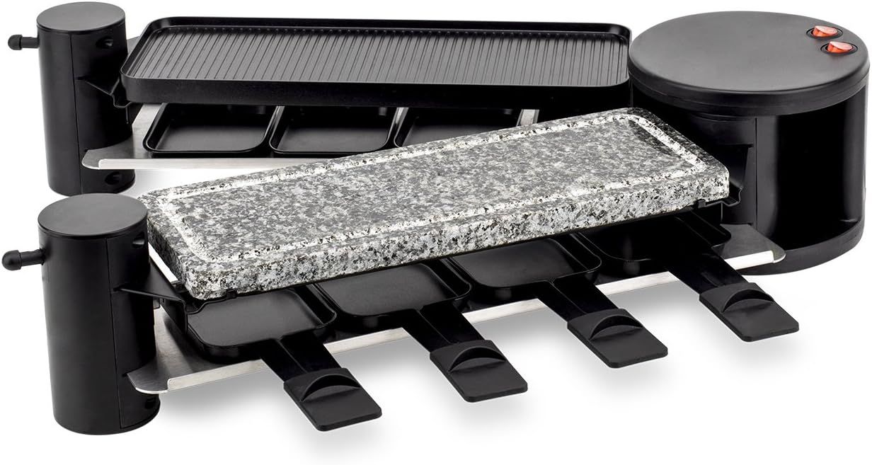 H.Koenig Appareil à raclette Multifonction 8 personnes RP360, modulable rotatif 360°, Convivial Professionnel, Pierre Naturelle, Grill, Raclette fromage, 8 poêlons antiadhésifs, Plaques amovibles
